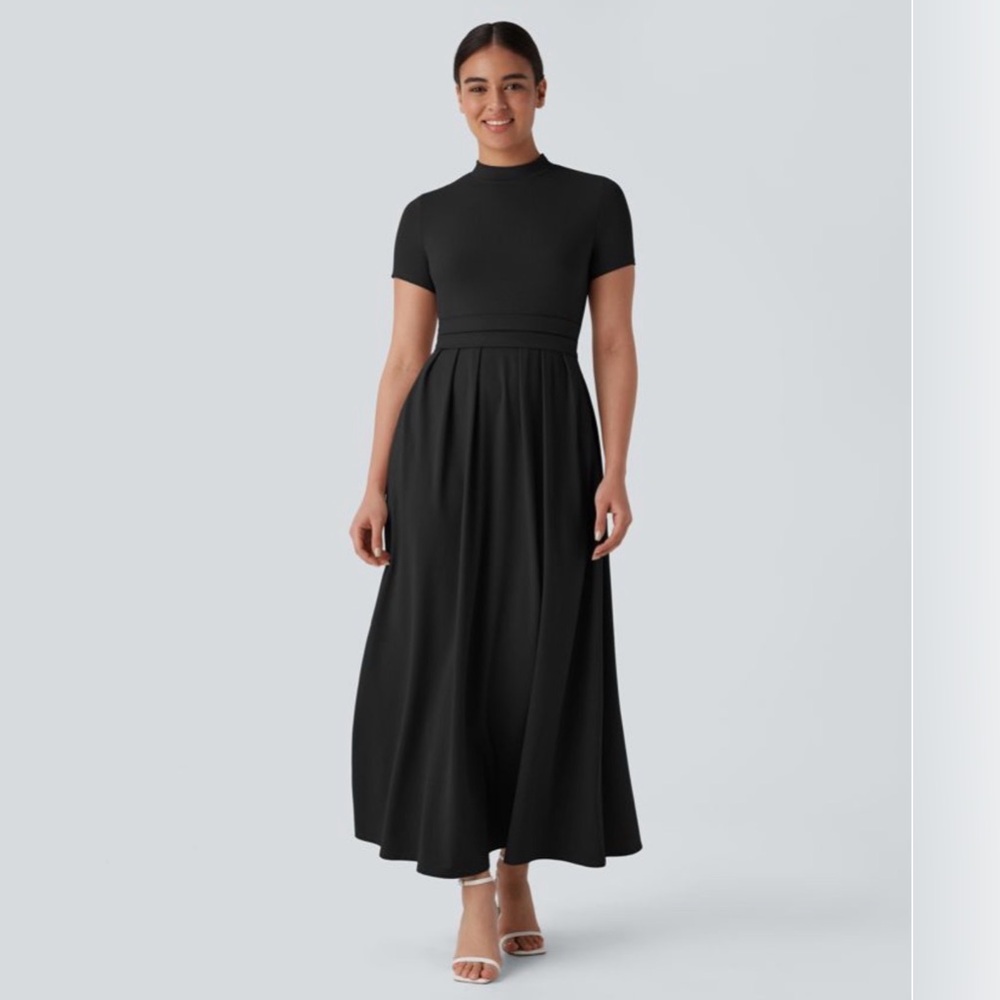 NWT Halara Stand Collar Short Sleeve Pocket Flare Maxi Casual Dress Stretchy M